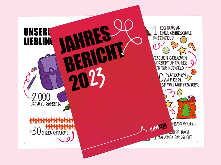 Eine A4 Broschüre mit der Aufschrift Jahresbericht 2023 im Hintergrund sieht man eine Seite aus dem Jahresbericht