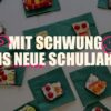 Mit Schwung ins neue Schuljahr, im Hintergrund liegt ein bild von Brotgesichtern