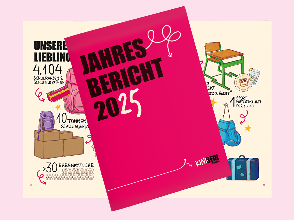 Das Cover einer Broschüre, welches auf einer Aufgeschlagenen Doppelseite liegt. Darauf steht: Jahresbericht 2025, Kindsein Stiftung